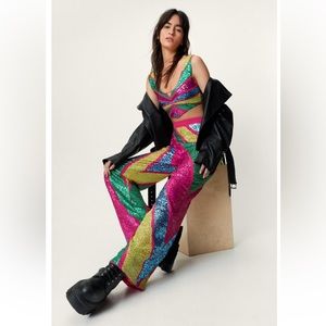 Sequin Color Block Wide Leg Trousers